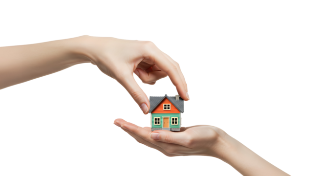 Holding small house model on palm for property or real estate