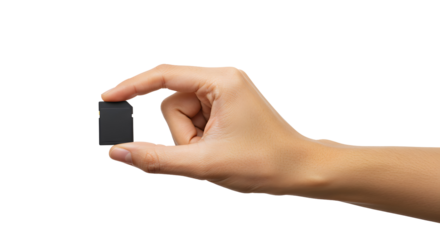 Hand holding micro SD memory card against black background studio shot