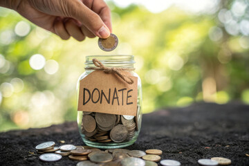 Hand dropping coin into glass jar labeled donate with coins inside and scattered around