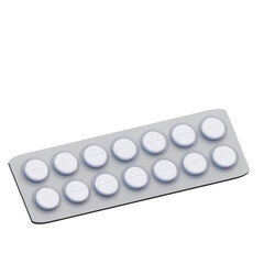 3D blister pack containing white round pills, perfect for pharmaceutical scenes, medical illustrations, or healthcare environments