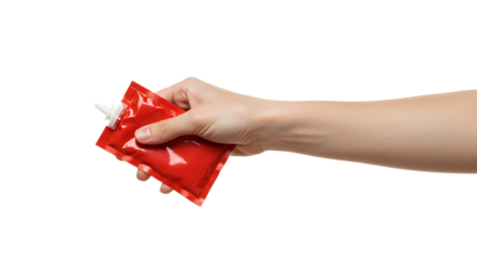 Hand holding red sauce packet against Transparent Background for condiment use