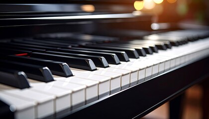 Close-up shot of piano keyboard with dramatic lighting, showing glossy black and white keys in sharp focus. Artistic angle, moody shadows, elegant and minimal composition