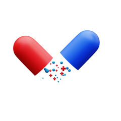 3D model of two capsules spilling medicine, suitable for pharmaceutical visuals, supplement scenes, or health-related designs