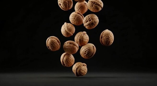 A collection of walnuts falling in mid air with a dark black background and a dark surface below
