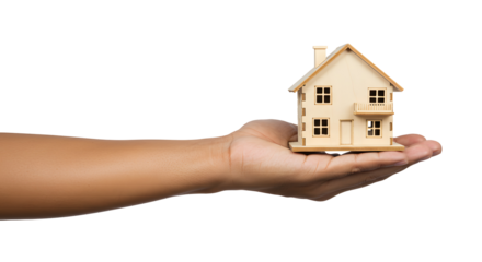Holding small house model on human hand against Transparent Background