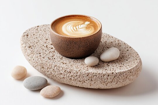Artistic coffee presentation with smooth stones on textured base