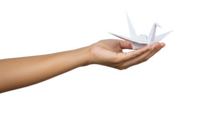 Holding a White Paper Origami Crane on Hand Over Black Backdrop