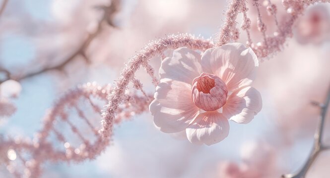 Close up of a pink flower with dna helix in background