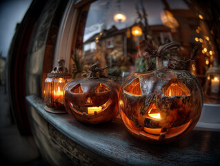 Smiling happy jack-o-lantern pumpkins with candles decorations for fall / autumn / Halloween.