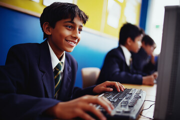 Indian Schoolboy Studying Cybersecurity and AI on Computer in Inclusive Classroom. Asian school boy learning web design, artificial intelligence, coding