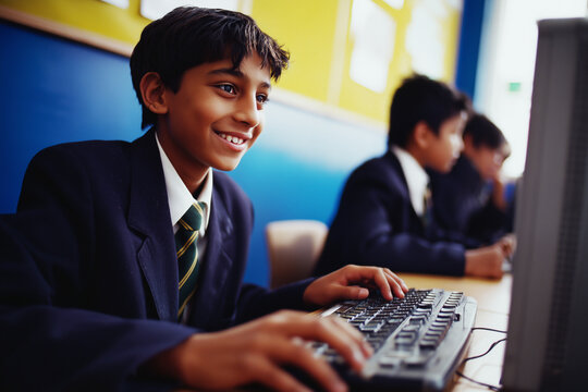 Indian Schoolboy Studying Cybersecurity and AI on Computer in Inclusive Classroom. Asian school boy learning web design, artificial intelligence, coding