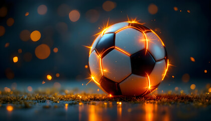 Ignited soccer ball glowing with fiery energy on grassy field, capturing sports passion and dynamic competition