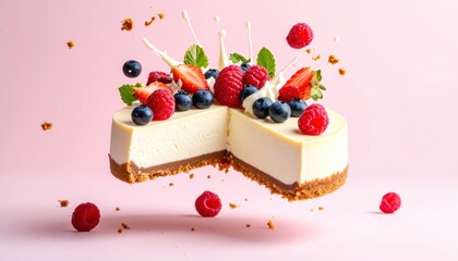 Delicious cheesecake with berries and white chocolate on pink.