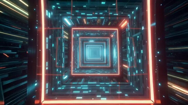 Astronaut glowing tesseract hyperspace cube, folding dimensions, bright neon walls, alternate realities flashing openings, sci-fi 3D space interstellar transitions, cosmic rift visuals, light streaks