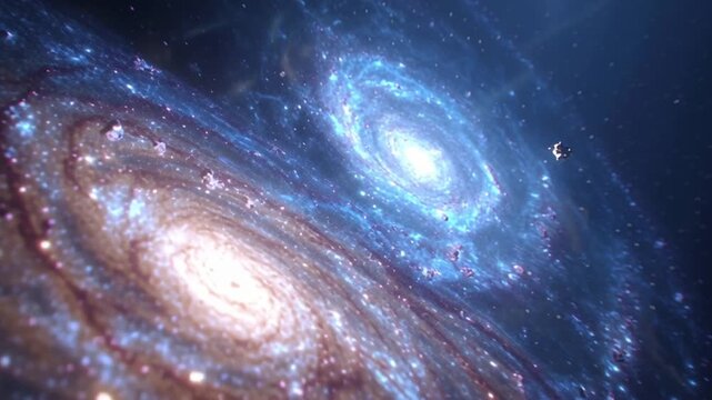 two galaxies colliding slow motion, cosmic chaos beautiful harmony, star trails, torn spiral arms, bright clusters, small spacecraft cinematic astrophysics visualization dust clouds, 4K deep space