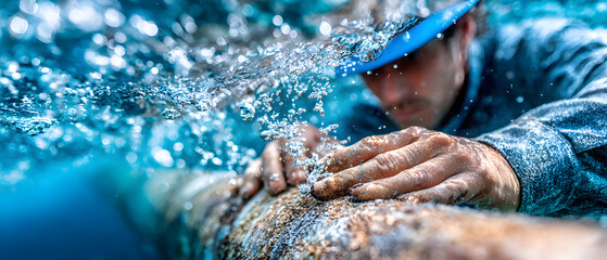 Underwater Engineer Installing Pipeline on Ocean Floor in Deep Sea