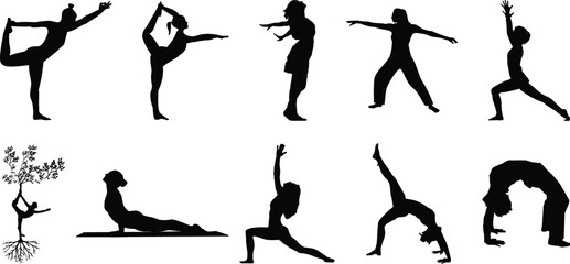 Women exercising for body stretching. Women practicing yoga in various poses for Peaceful wellness and mindfulness Workout in relaxation and sleep concept Silhouettes Woman of yoga poses