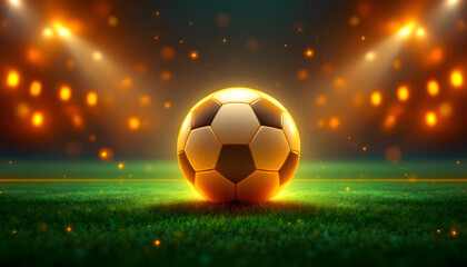 Dynamic soccer ball glowing under stadium lights on a vibrant green field, ready for action