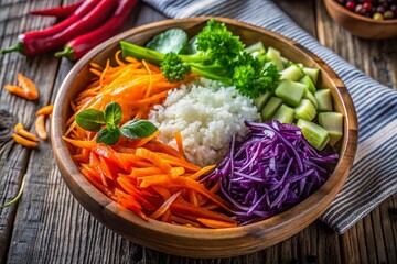 finely chopped vegetables for salad in a wooden plate