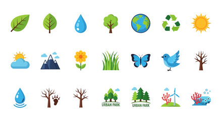 Naklejka premium Comprehensive set of flat design icons for nature and ecology. Vector symbols for environment, conservation, plants, animals, and green energy isolated on white.