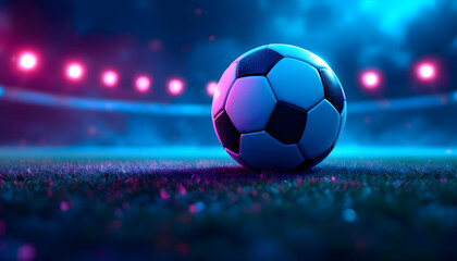 Dynamic soccer ball on neon-lit field, ready for a thrilling night game under stadium lights