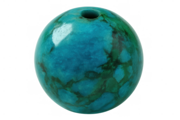 Polished turquoise gemstone bead displaying rich mineral veining, resting on transparent surface for jewelry craft applications