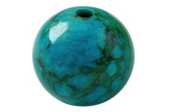 Polished turquoise gemstone bead displaying rich mineral veining, resting on transparent surface for jewelry craft applications