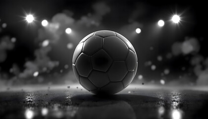 Dramatic soccer ball spotlighted on wet field, evoking intense competition and sporting passion