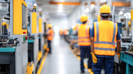 A manufacturing facility with workers in safety gear, focused on machinery and assembly lines, showcasing a busy industrial environment.