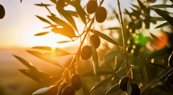 Close up of an olive tree branch with olives during a sunset casting a warm golden light on the scene