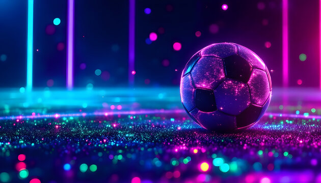 Dynamic soccer ball glows with vibrant neon lights on a futuristic, sparkling field