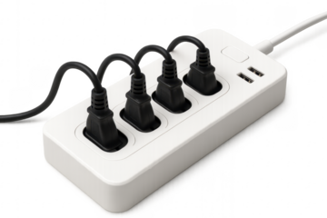 White power strip with multiple black plugs and usb ports on transparent background