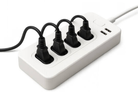 White power strip with multiple black plugs and usb ports on transparent background