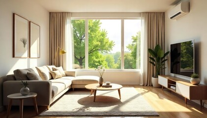 A modern minimalist living room, bathed in the cool, refreshing air from a window air conditioner Sunlight streams in, highlighting the comfortable, cool interior , indoor, sofa, minimalist