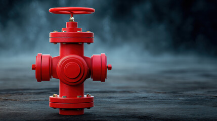 Red fire hydrant with valve handle on dark textured ground with foggy background, symbolizing safety and emergency readiness