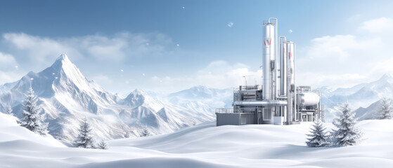 Snowy mountain landscape with industrial plant, clear sky, and pine trees creating cold and serene atmosphere