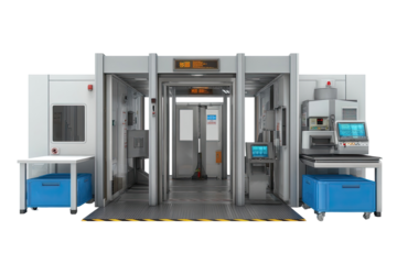 Industrial inspection station,  modern design,  white and light gray components.  Two sets of doors,  security and work areas,  various equipment