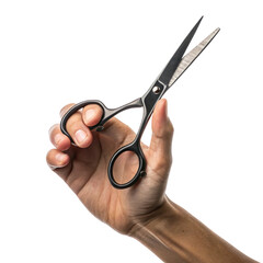 Hand holding barber scissors isolated on transparent background