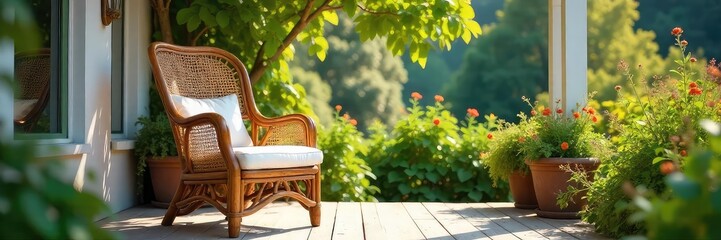 A rustic cane chair sits on a sun-drenched porch, surrounded by lush summer greenery Perfect for summer vibes, relaxation, and outdoor living imagery , summer background, serenity, sunny day