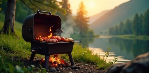 A rustic camping barbecue grill sits amidst a serene natural landscape, flames licking the cooking grate, ready for delicious food  Perfect for outdoor cooking and adventure themes ,  iron,  hot