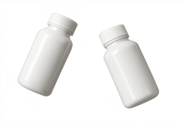Two white plastic medical containers falling on transparent background