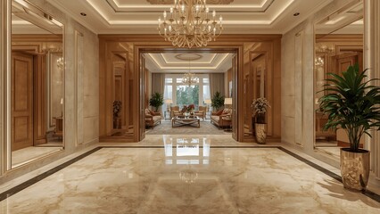 Luxury Hotel Lobby with Marble Floor, Crystal Chandeliers, and Elegant Modern Classic Interior Design