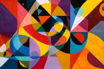 Fototapeta premium Vibrant geometric abstract painting bursts with dynamic shapes and bold colors, perfect for modern design and creative projects.