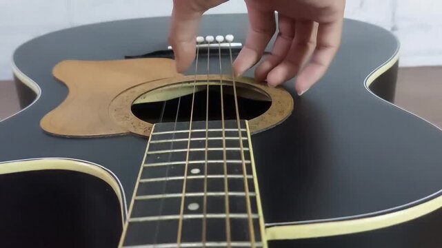 an elegant black acoustic guitar made of rosewood, with six steel strings that produce a melodious sound.