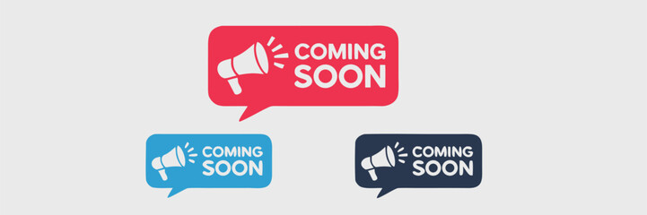 Colorful Coming Soon Notification Banners with Megaphone Symbol, Red, Blue, and Dark Blue Shapes, Flat Design