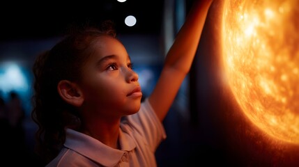 Child learning about solar energy at a school exhibit