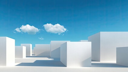 Abstract cityscape of white cubes against a clear blue sky