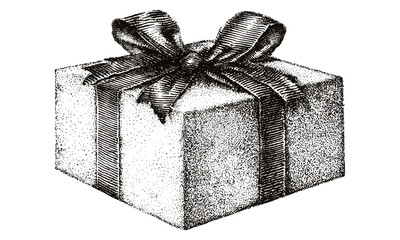Traditional hand-drawn engraving of gift present wrapped with ribbon bow in vintage stipple style, isolated illustration with grainy dot shading effect on transparent background, retro look