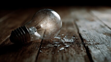 Broken lightbulb on a weathered wooden surface