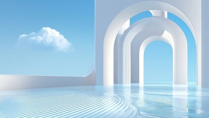Obraz premium Serene, white architectural structure with arches, reflecting water, and a clear sky